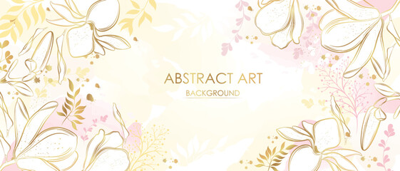 Vector poster with golden plants and flowers on a watercolor background. Abstract background.	