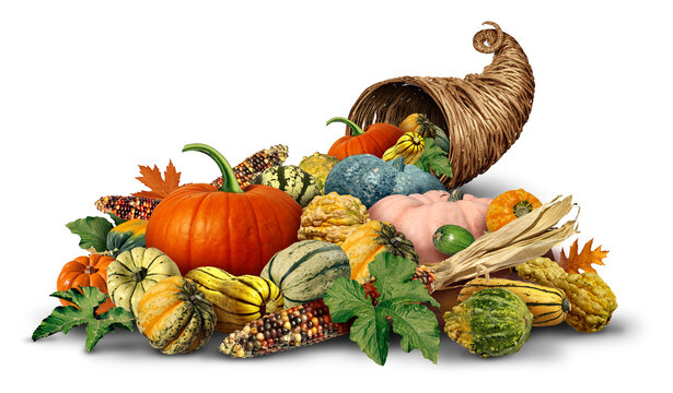 Thanksgiving Cornucopia horn object full of fresh fruit and vegetables on a white background as rustic traditional wicker or weaved basket with Autumn and Fall season agricultural produce harvest