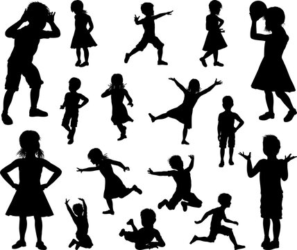 A set of kids or children in silhouette playing, running and jumping and other poses