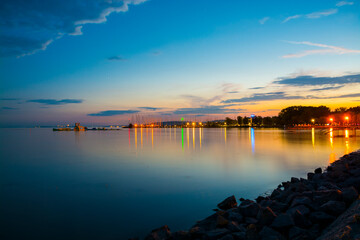Beach of Balatonkenese at night in Hungary