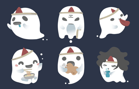 Vector Illustration of Chinese Ghost Festival, set of ghosts on dark