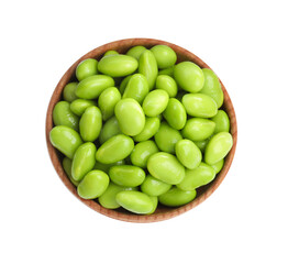 Bowl with fresh edamame soybeans on white background, top view