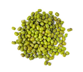 Pile of green mung beans isolated on white, top view. Organic grains