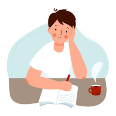 The schoolboy does difficult homework. The student is engaged, learning difficulties. 