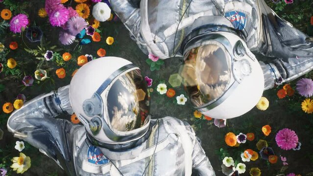 The astronauts in love lying on a field of flowers and looking at each other through their space suit suits. The concept of astronaut travelers. The animation is ideal for space and sci-fi backgrounds