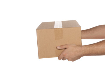 Courier holding cardboard box on white background, closeup