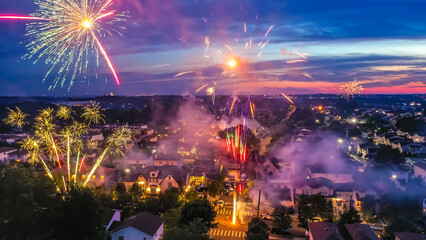 AERIAL FIRE WORK EXPLOSION, COLORFUL AND AT NIGHT