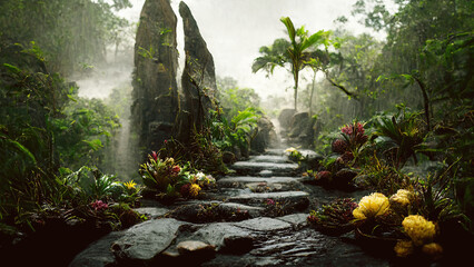 Stone path through rainforest jungle landscape