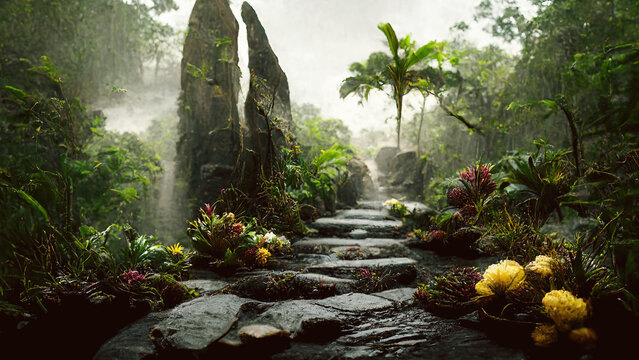 Fototapeta Stone path through rainforest jungle landscape