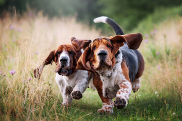 Two bassets running across the field