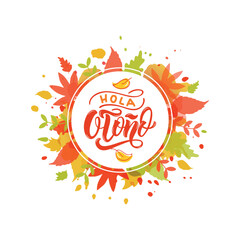 Hola Otono (Hello Autumn) handwritten text in Spanish isolated on white background. Trendy script lettering typography design. Modern brush calligraphy. Vector illustration. Season's greeting © Елена Тагильцева
