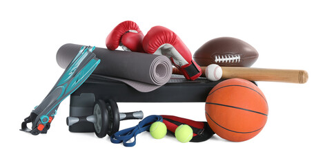 Set of different sports equipment on white background