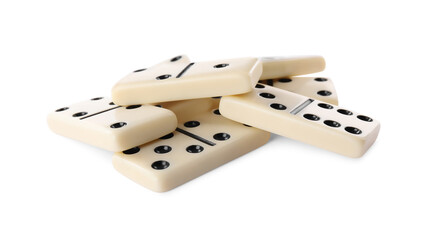Pile of classic domino tiles on white background