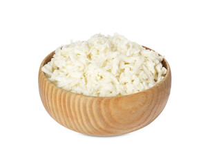 Wooden bowl with delicious mozzarella cheese on white background
