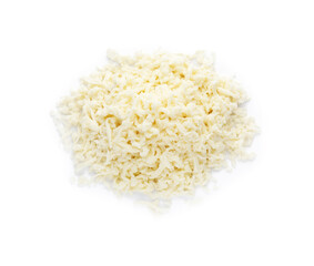 Heap of delicious mozzarella cheese on white background, top view