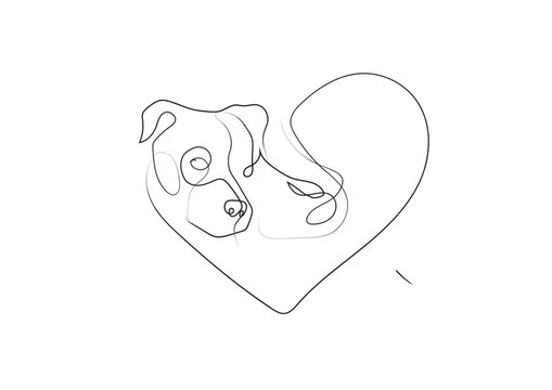 amstaff american staffordshire terrier dog with woman and heart, one line art vector, dog lineal art