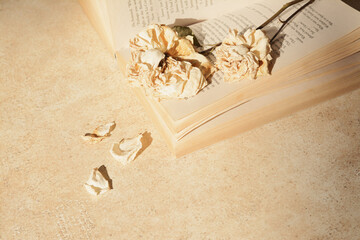 Book with beautiful dried flowers on light table
