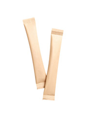 Beige sticks of sugar on white background, top view
