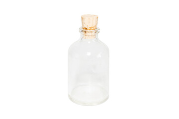 A small glass bottle closed with a wooden cork isolated on a white background