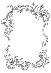 Decorative floral frame in baroque style. Engraved black curling plant.