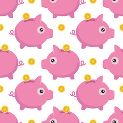 A piggy bank icon in a flat style, highlighted on a white background. Vector illustration with seamless pattern.A set of piggy banks. Making money, saving, investing, business advertising.