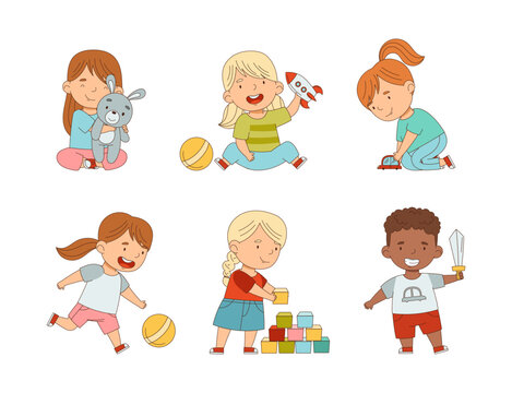 Happy Kids Playing Different Toys in the Nursery or Playroom Vector Set