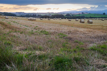 Hay Stacks in a farmers field at sunset
