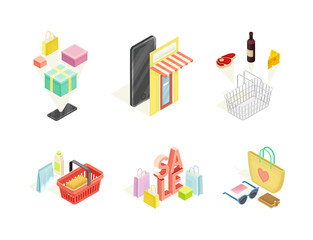 Shopping and Retail Industry with Internet Sale and Online Purchase Isometric Vector Set