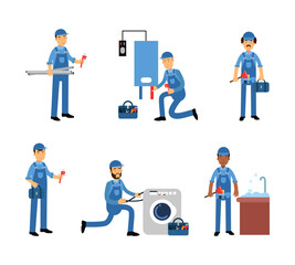 Professional Man Plumber Character in Blue Overalls with Tool Box Repairing and Fixing Plumbing Equipment Vector Set