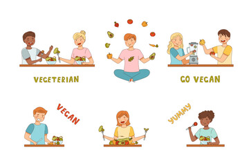 Vegetarian People Characters with Fresh Vegetables from Greengrocery Vector Illustration Set