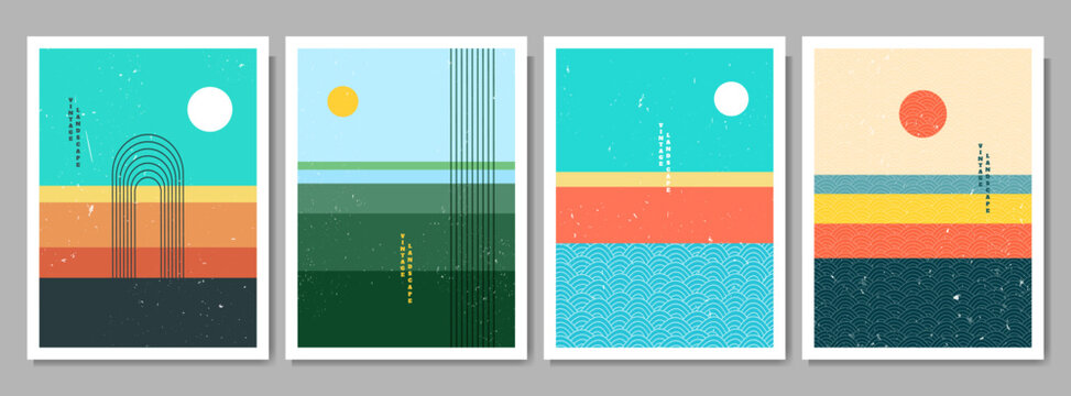 Vector illustration. Abstract contemporary aesthetic backgrounds. Flat landscape. Sun in the sky. Design for poster, postcard, invitation card, flyer, brochure cover. Room wall decor. Linear pattern