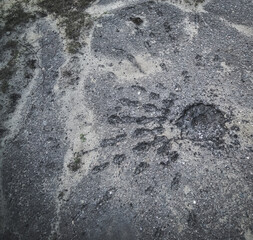A mark and a dent on the pavement after the shelling of rocket artillery in Ukraine during the military escalation of hostilities and aggression