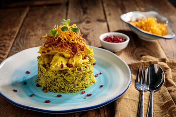 adas bagel pilaw, pulao, pilau with chicken served in a dish isolated on grey background side view