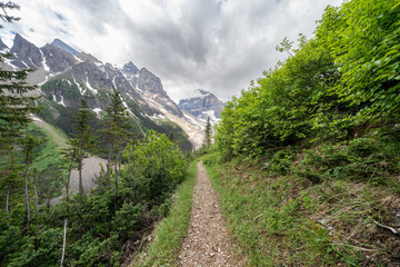 Fototapeta na wymiar Trail en route to the Plain of Six Glaciers in Banff National Park, in the Lake Louise area