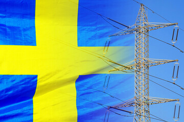 Sweden flag on electric pole background. Power shortage and increased energy consumption in Sweden....