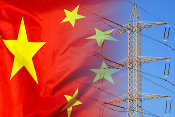 China flag on electric pole background. Power shortage and increased energy consumption in China. Energy crisis in China