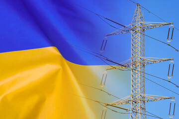 Ukraine flag on electric pole background. Power shortage and increased energy consumption in...