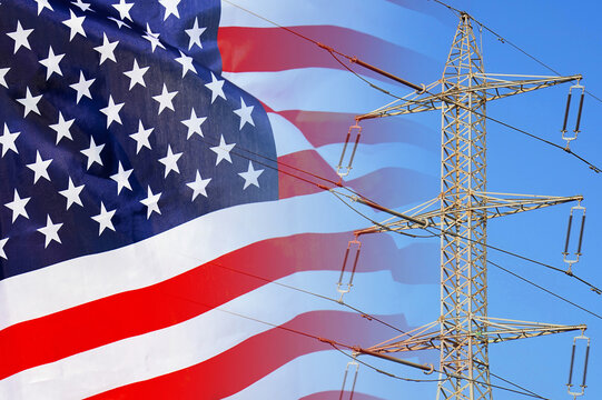 US flag on electric pole background. Power shortage and increased energy consumption in US. Energy crisis in US - Powered by Adobe