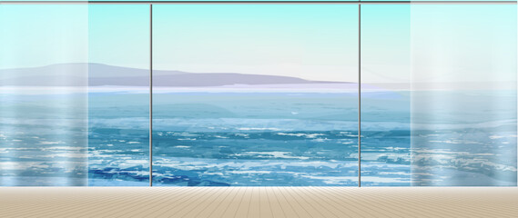 Panoramic window. Interior of empty room with a view to ocean landscape. Resort apartments or hotel with big sea view window. Modern summer background