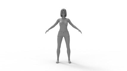 3D rendering of a sporty underwear posing fit woman human standing and posing Confidence inspired healthy fitness animation render. Isolated in empty space background. Anatomy arms wide.