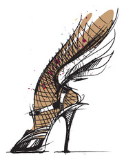 High heels. Female leg in stockings on high heel. Women's fashion. Sandals with wings