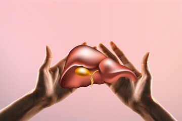 World hepatitis day. Adult hands holding donation liver on background. Awareness of prevention and treatment viral hepatitis. Liver cancer. World cancer day.