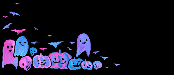 Cute Halloween Pumpkins, bats, Ghost Card pink blue Aesthetic Neon Handmade painting black background