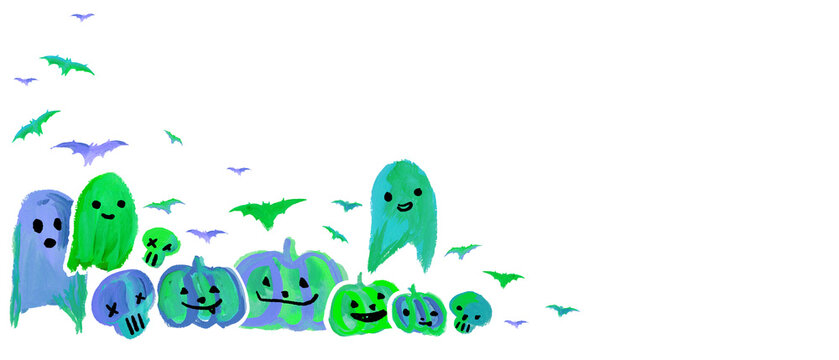 Cute Halloween Pumpkins, bats, Ghost Card green, Aesthetic Neon Handmade painting white background