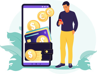 Digital wallet concept. Young people pays card using mobile payment. 