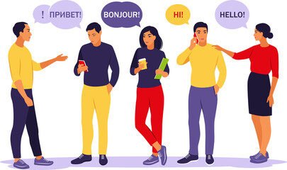 Fototapeta premium Young people saying hello in different languages. Students with speech bubbles. Communication, teamwork and connection concept.