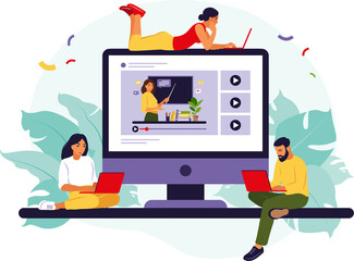 Group of students watching online webinar. Online education concept. Online business school concept. 