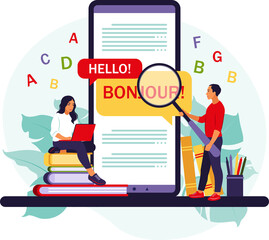 Translating app on mobile phone. People using online translation service for foreign language. 