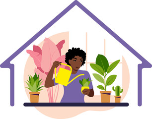 Stay home concept. Woman watering houseplants at home. Home garden and houseplants concept. 