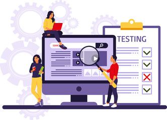 People testing software fixing bugs in hardware device. Application test and IT service concept. 